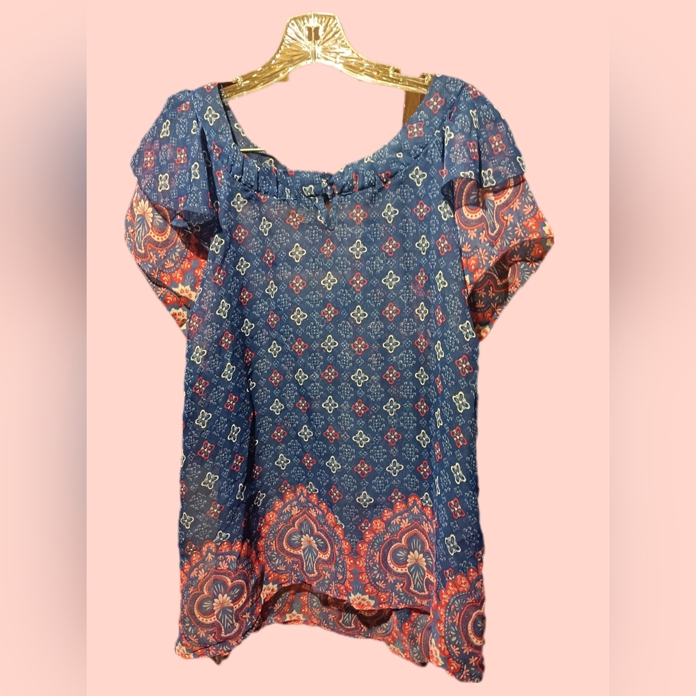 Sam & Max Navy and Coral Patterned Blouse